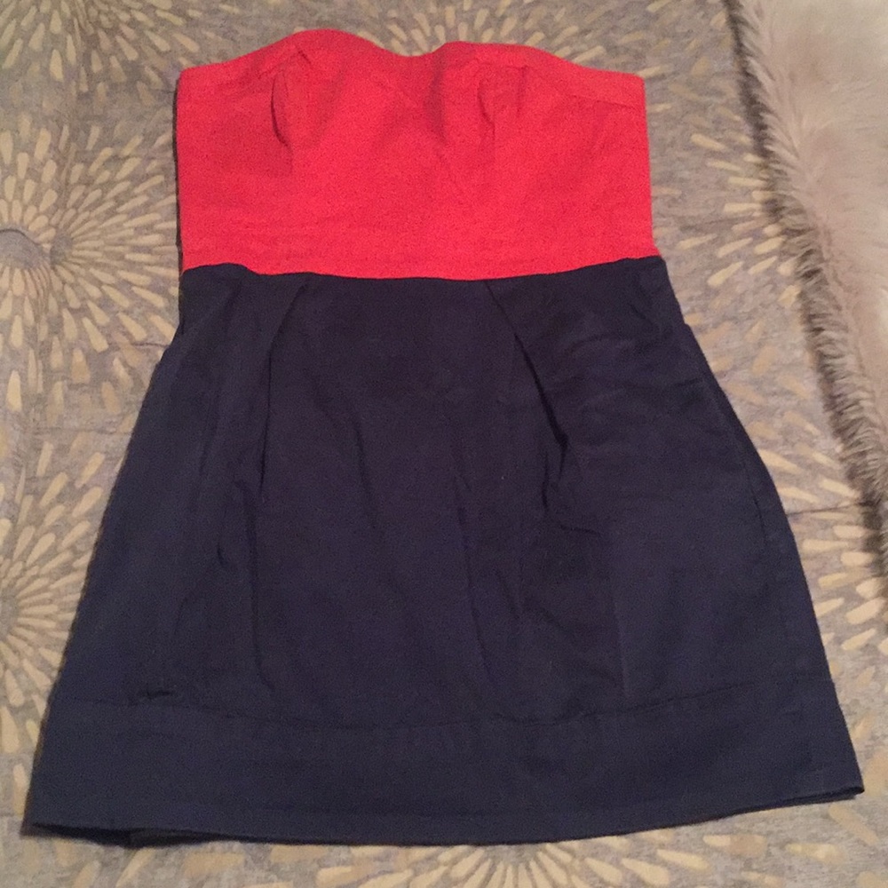 Red and navy color block strapless dress